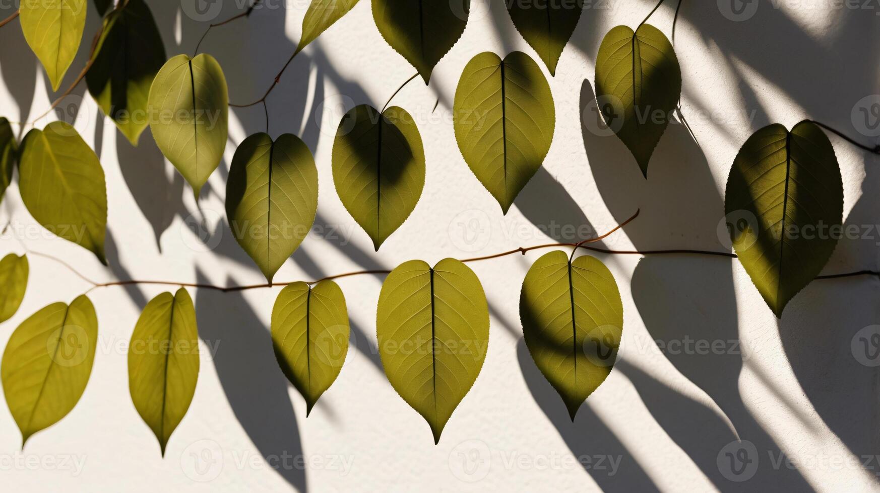 Fresh spring green leaves on branch in sunlight with shadow on white marble tile wall, copy space. photo