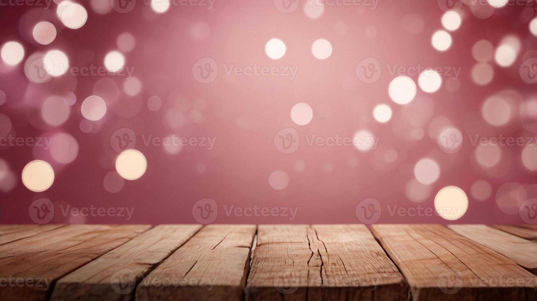 Wooden table over pink bokeh lights background. Valentine's day or women day concept, copy space photo