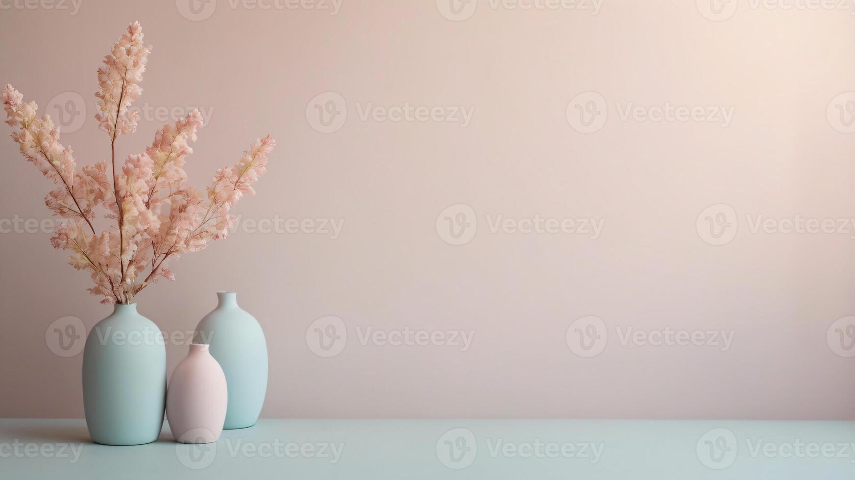 Vase on a floor, minimalist background, copy space, soft pastel colors, flowers and branches photo