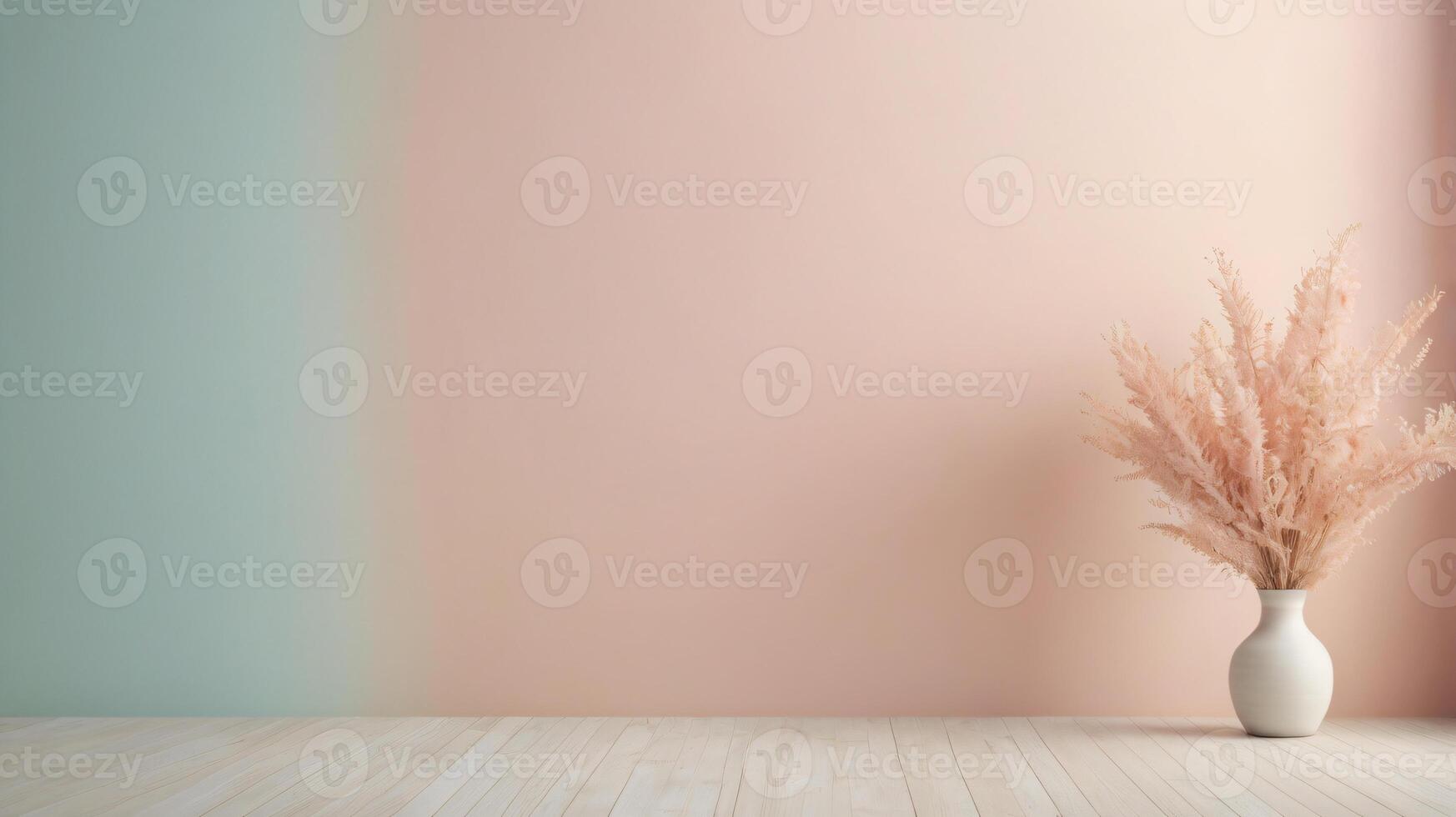 Vase on a floor, minimalist background, copy space, soft pastel colors, flowers and branches photo