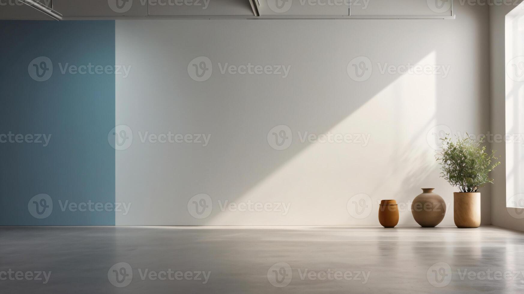 Vase on a floor, minimalist background, copy space, soft pastel colors, flowers and branches photo