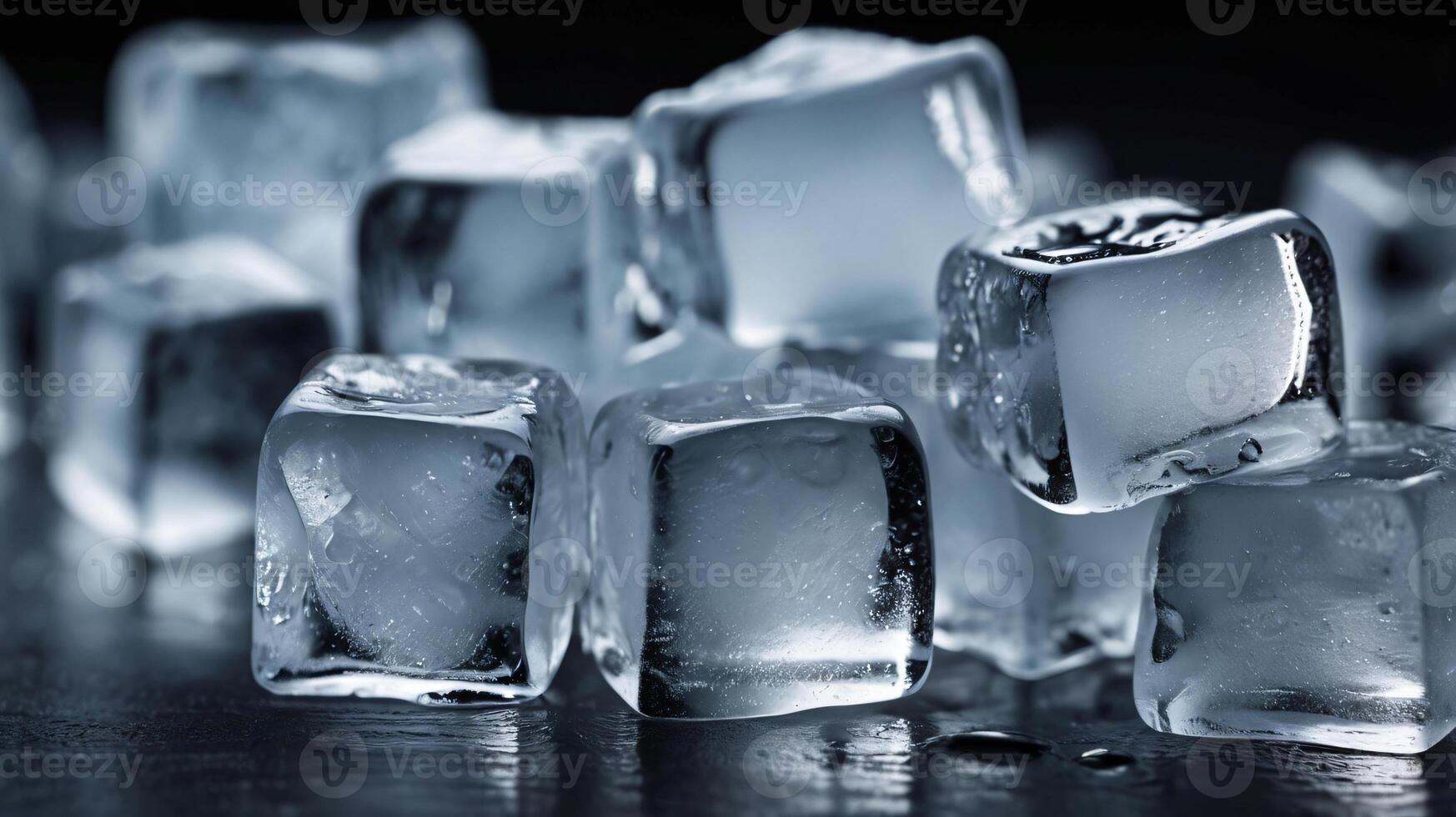 ice cubes and cooling smoke on dark table background. Ice blocks with cold drinks. photo