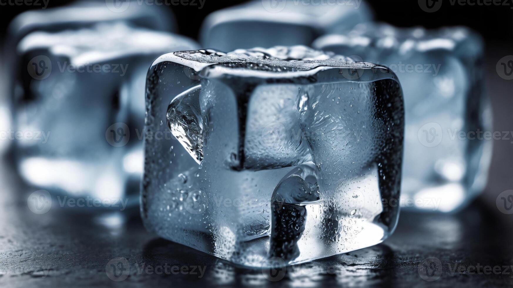 ice cubes and cooling smoke on dark table background. Ice blocks with cold drinks. photo