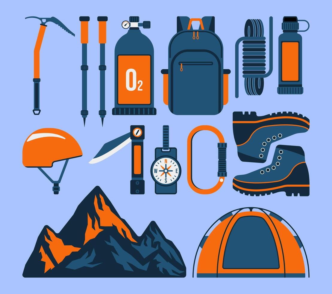 Climbing illustration set, camping, backpack, hiking boots, campfire, tent, travel. Cartoon design elements collection Hiking concept vector