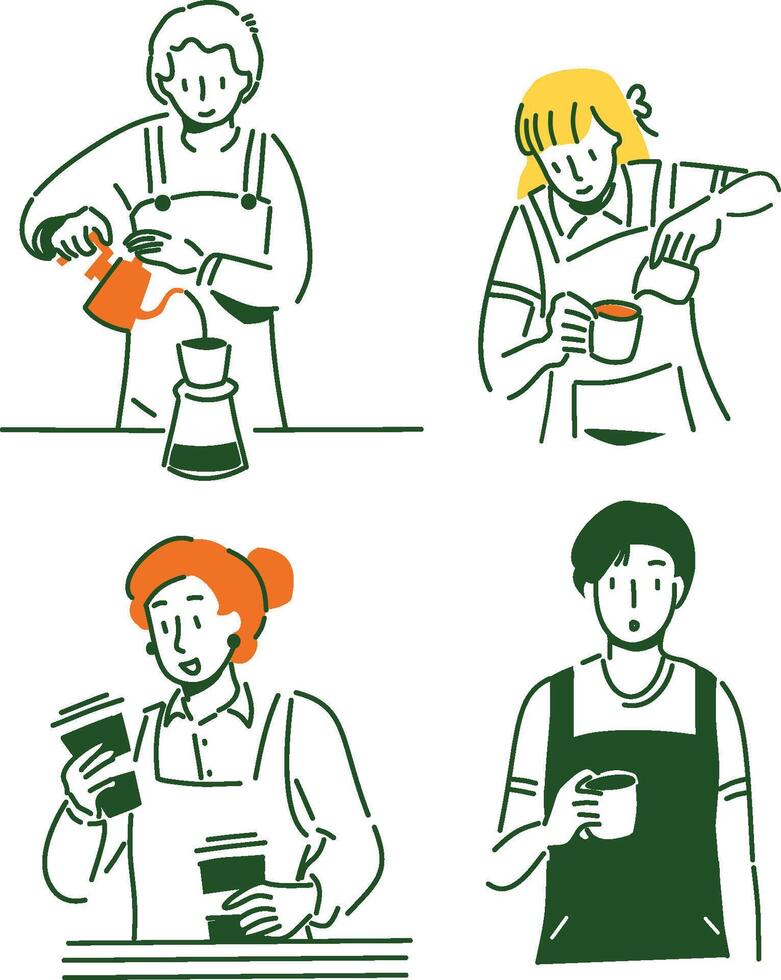 Hand-Drawn of Baristas Preparing Coffee in a Cafe Environment vector