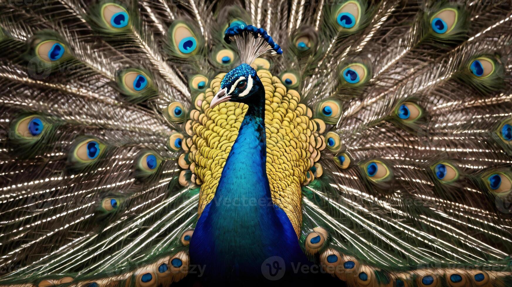 A male peacock with the wheel of his tail feathers fanned out during courtship display photo