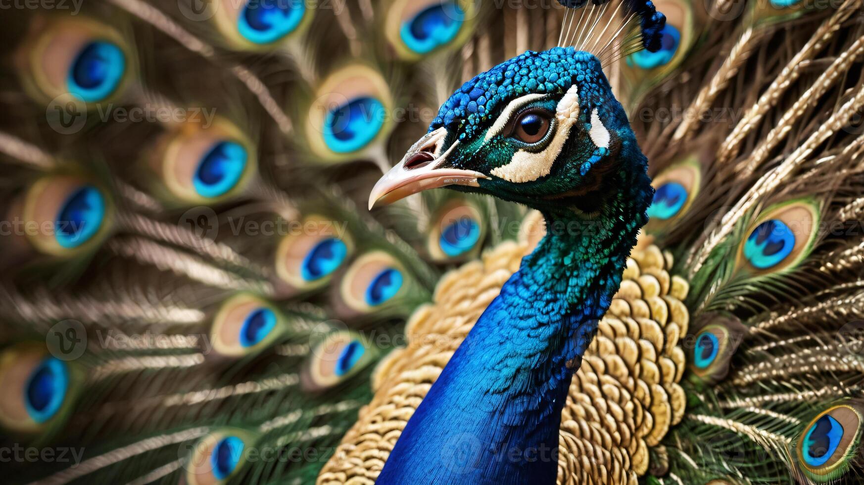 A male peacock with the wheel of his tail feathers fanned out during courtship display photo