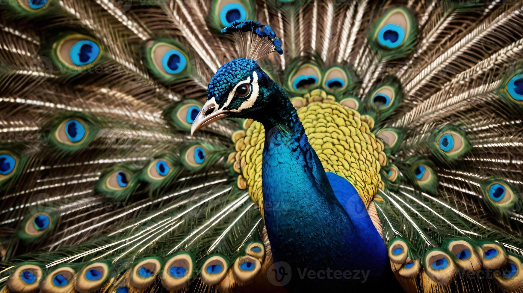 A male peacock with the wheel of his tail feathers fanned out during courtship display photo