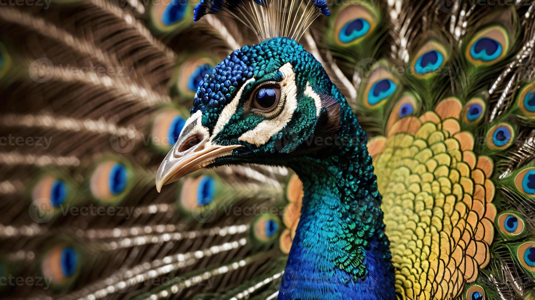 A male peacock with the wheel of his tail feathers fanned out during courtship display photo