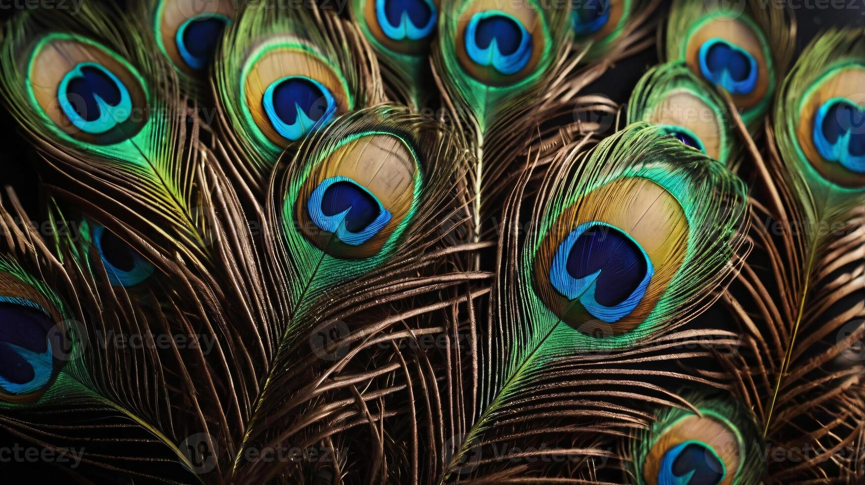 Colorful peacock feathers, glowing peacock feathers. Macro photo