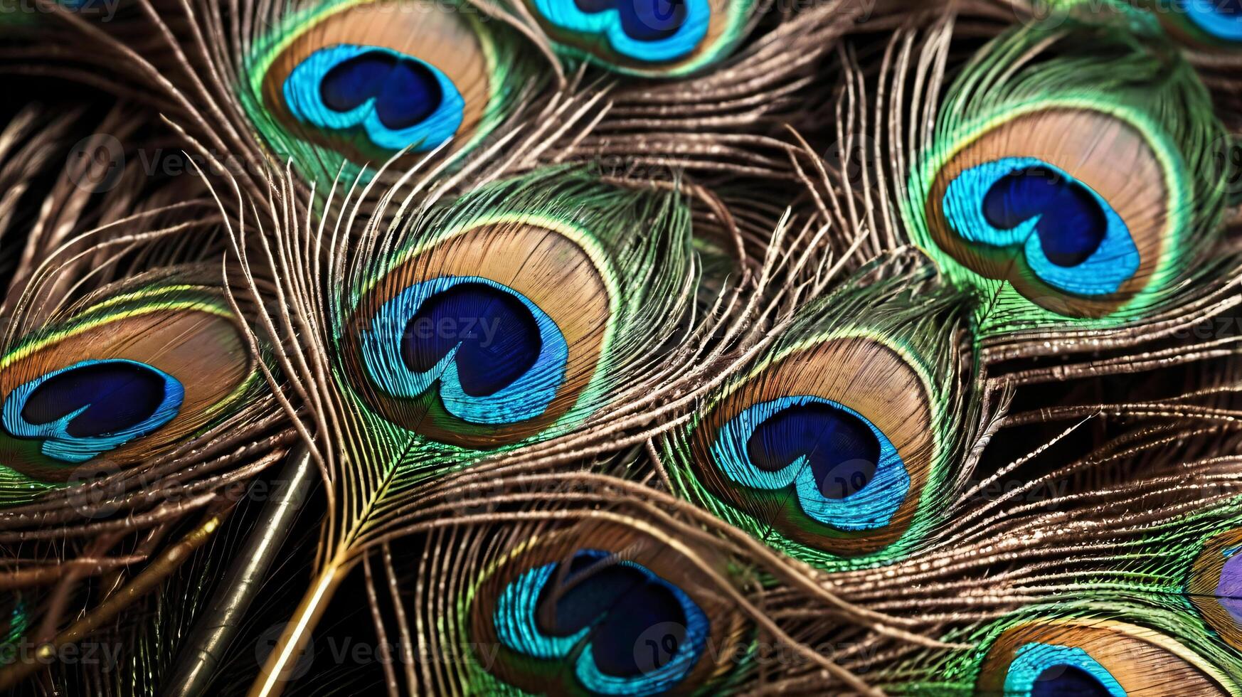 Colorful peacock feathers, glowing peacock feathers. Macro photo