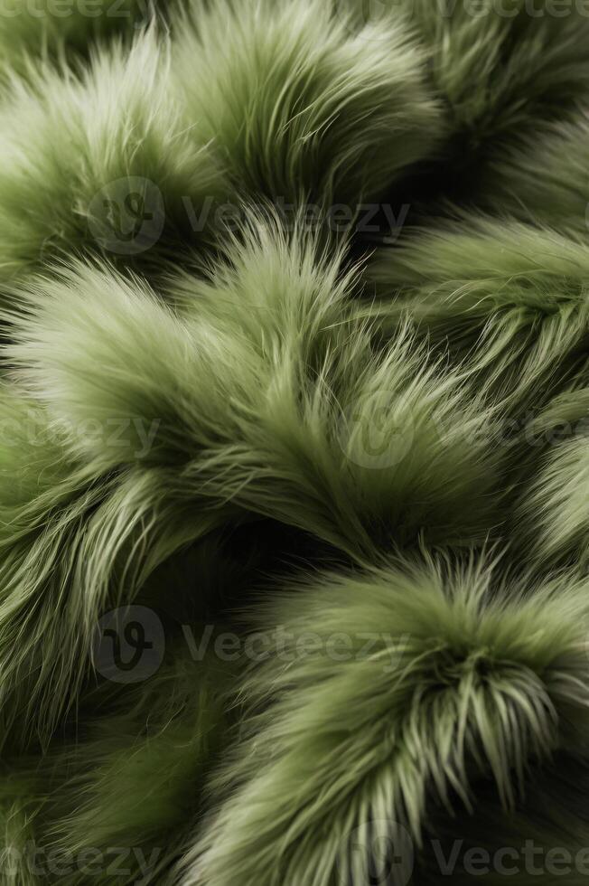 A close-up of an green fake fur, deep green furry fur texture portrait background. photo