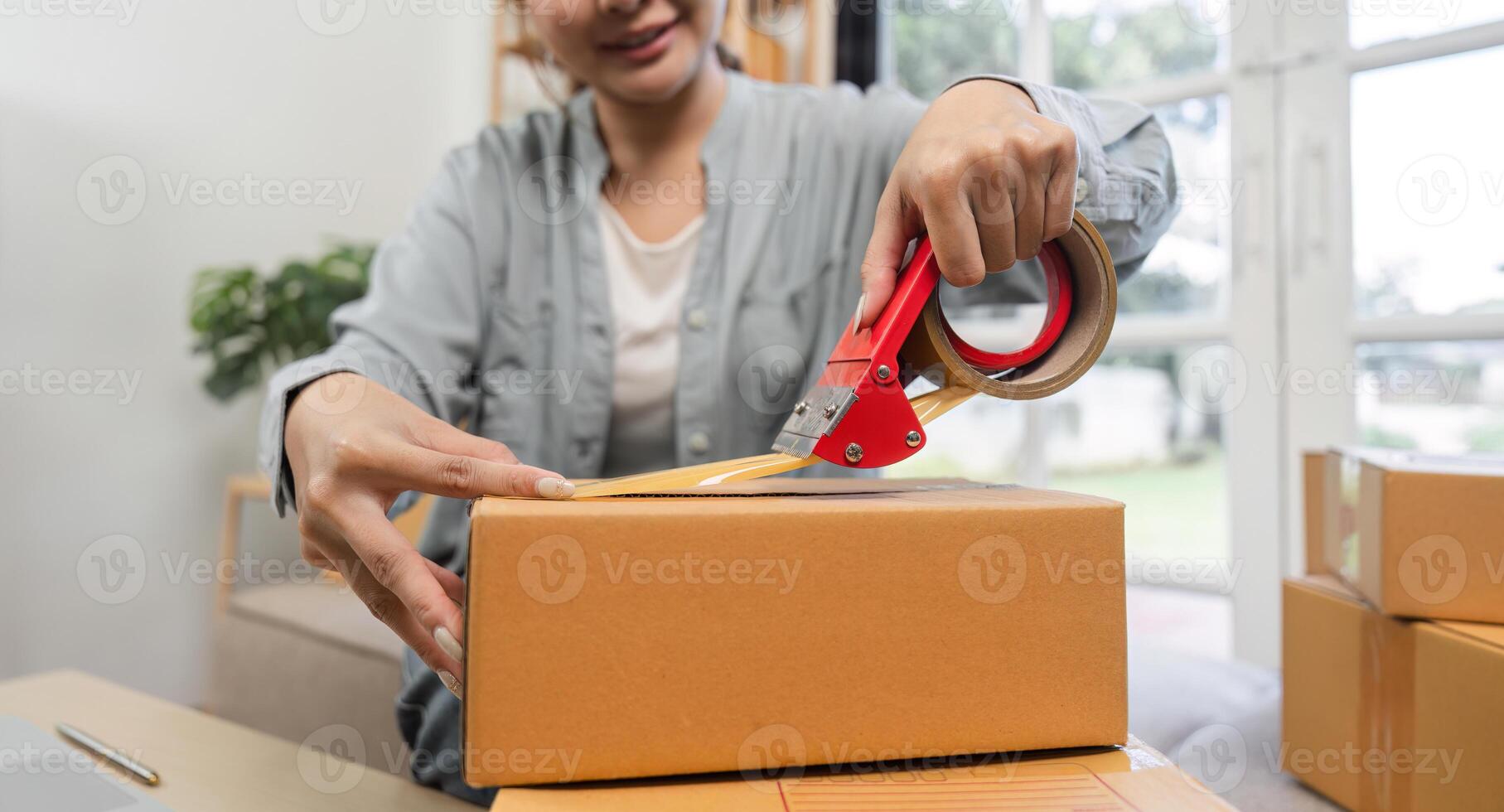 Young Woman Packing Orders for Her Online Small Business from Home Office photo