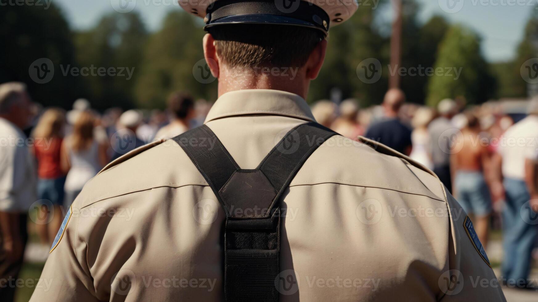 policeman back view, crowd of people, city streets protest. Labor Day photo