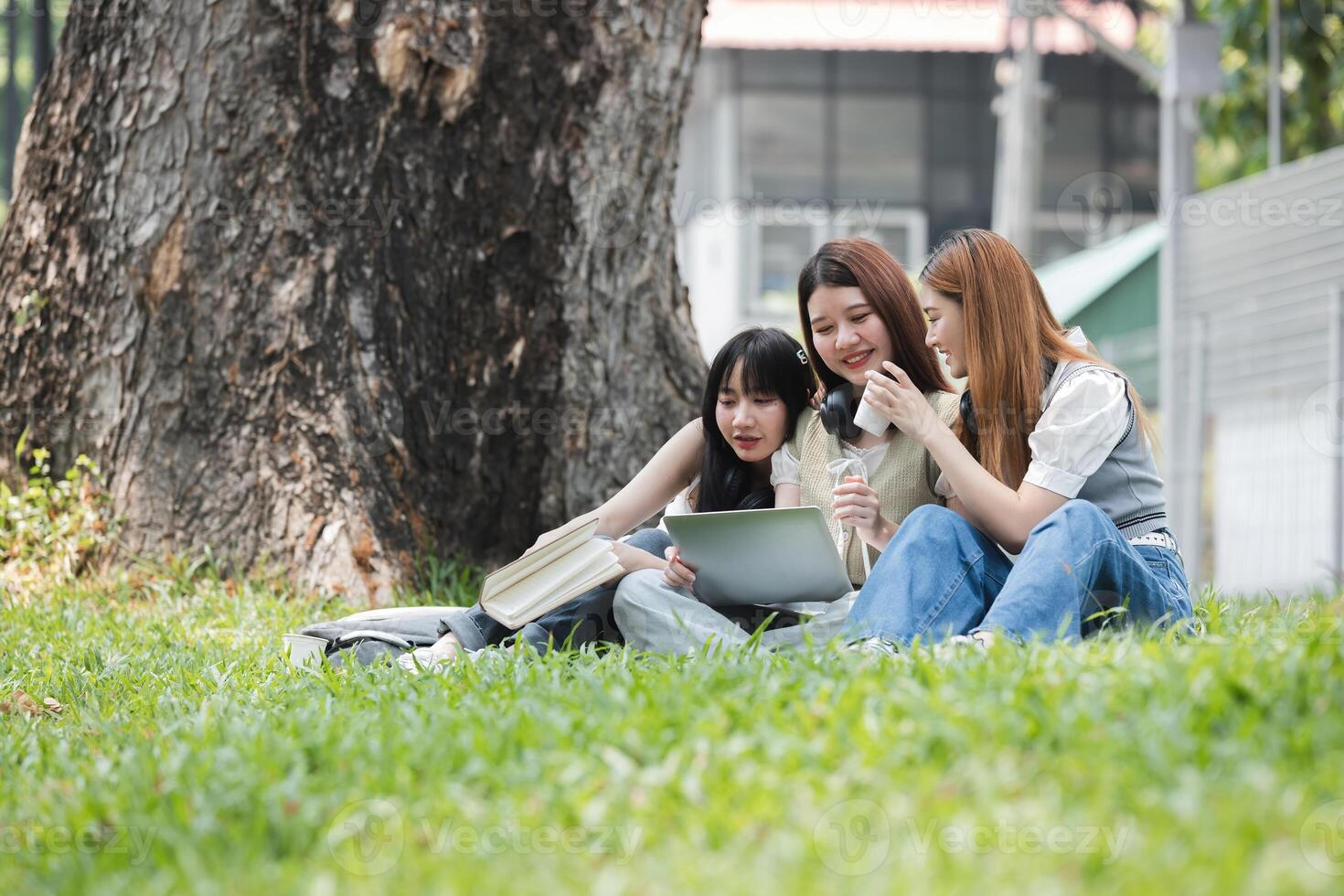 Group Of Young Asian Students Collaborating Outdoors at University. Teamwork and Knowledge Sharing. Asian Students Engaged in Collaborative Learning Outdoors. photo