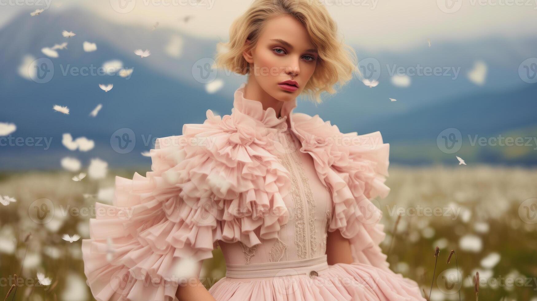 blonde woman with short hair with a playful pink dress photo
