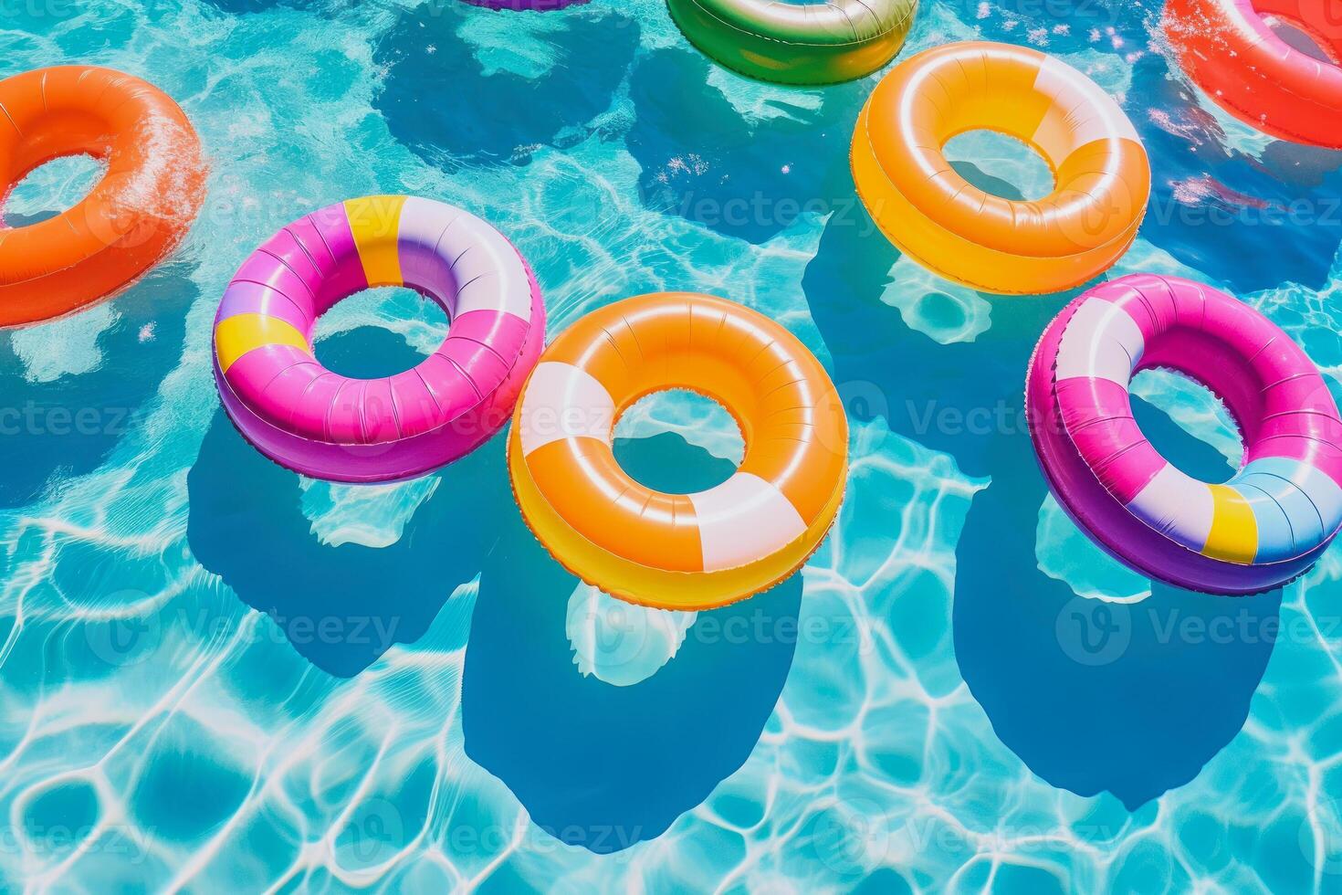 lots of inflatable rings floating on the water photo