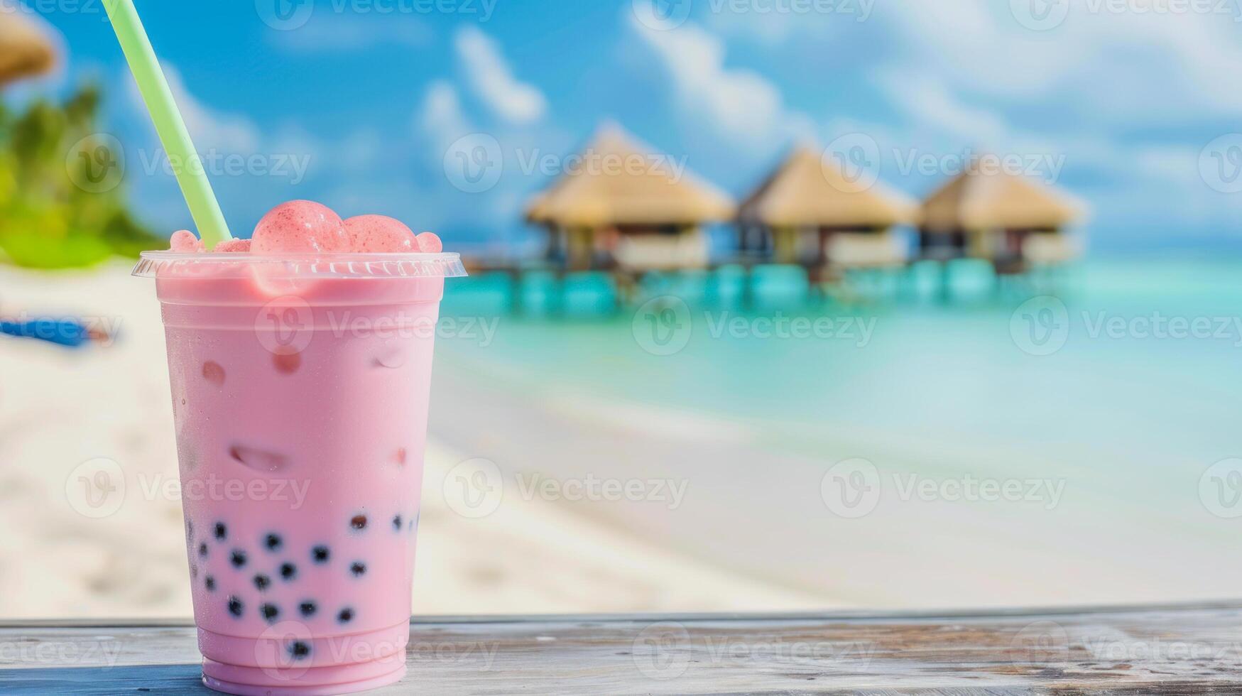 illustration of a pink bubble tea in front of blurred holiday beach resort in background photo