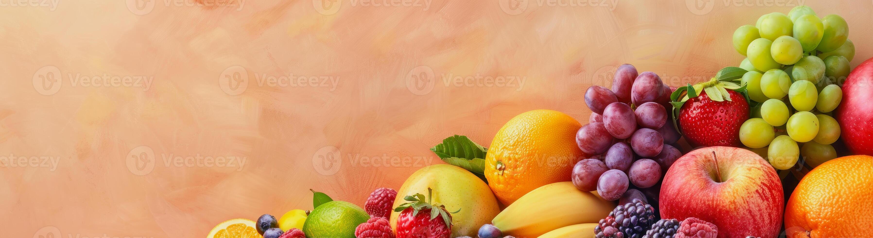 apricot colored background banner with different fruits photo