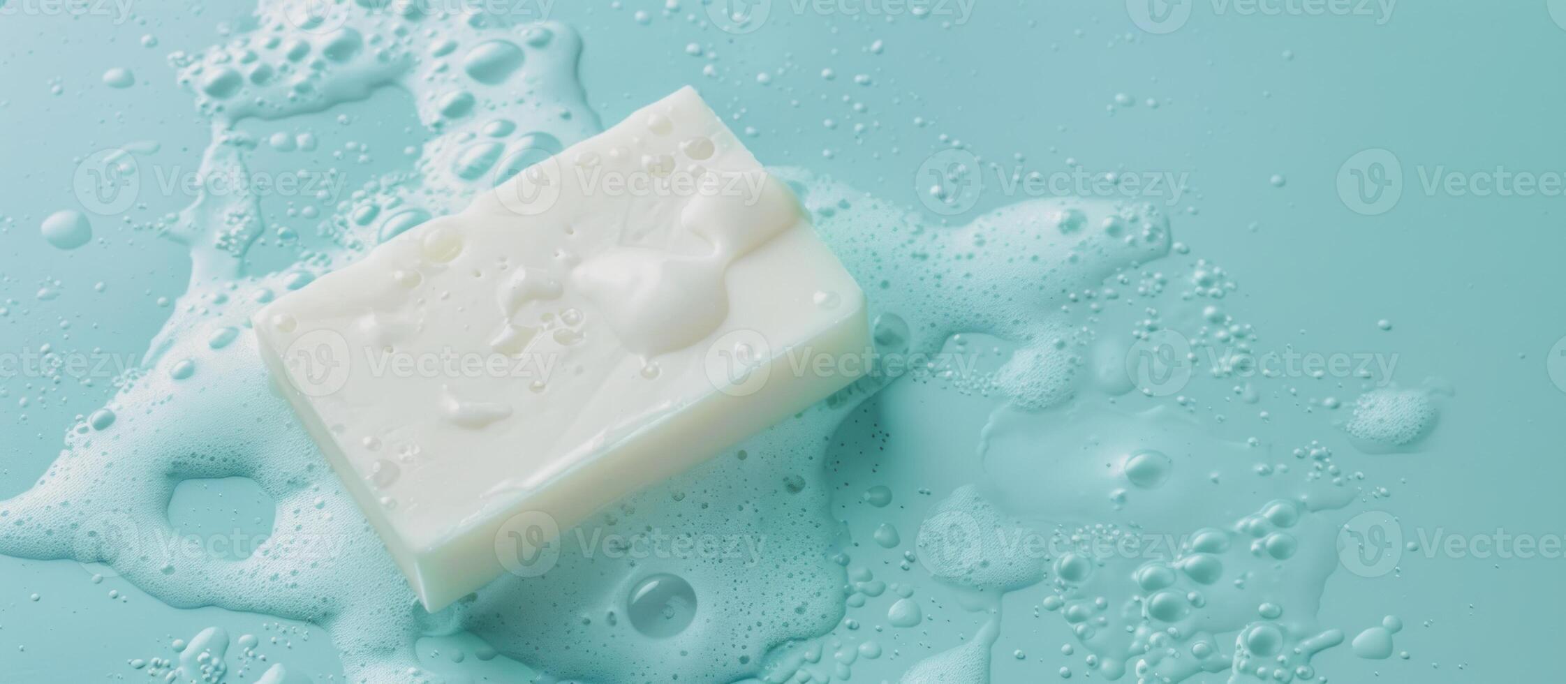 illustration of white used piece of soap on light blue background photo