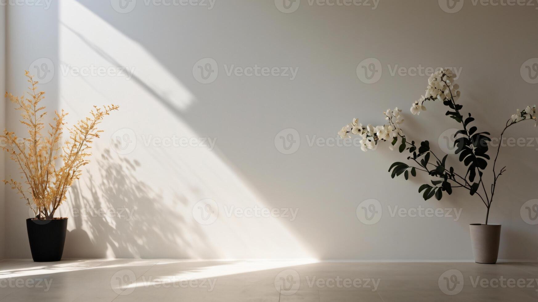 Elegant flowers in vase on a floor, minimalist design. soft shadows on a walls, copy space photo
