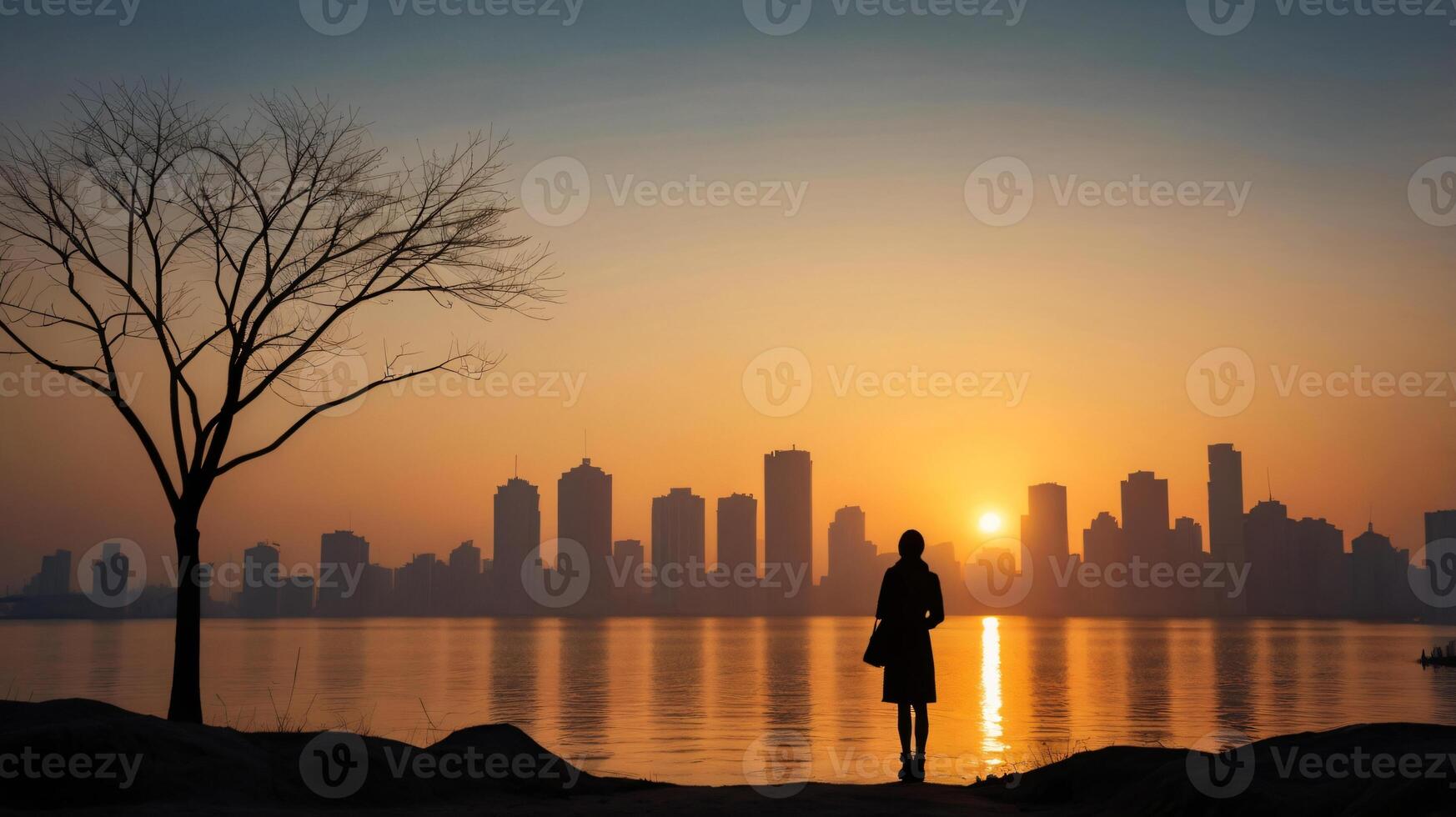 Back view backlight silhouette of a woman standing and gazing up to the sun at sunset photo
