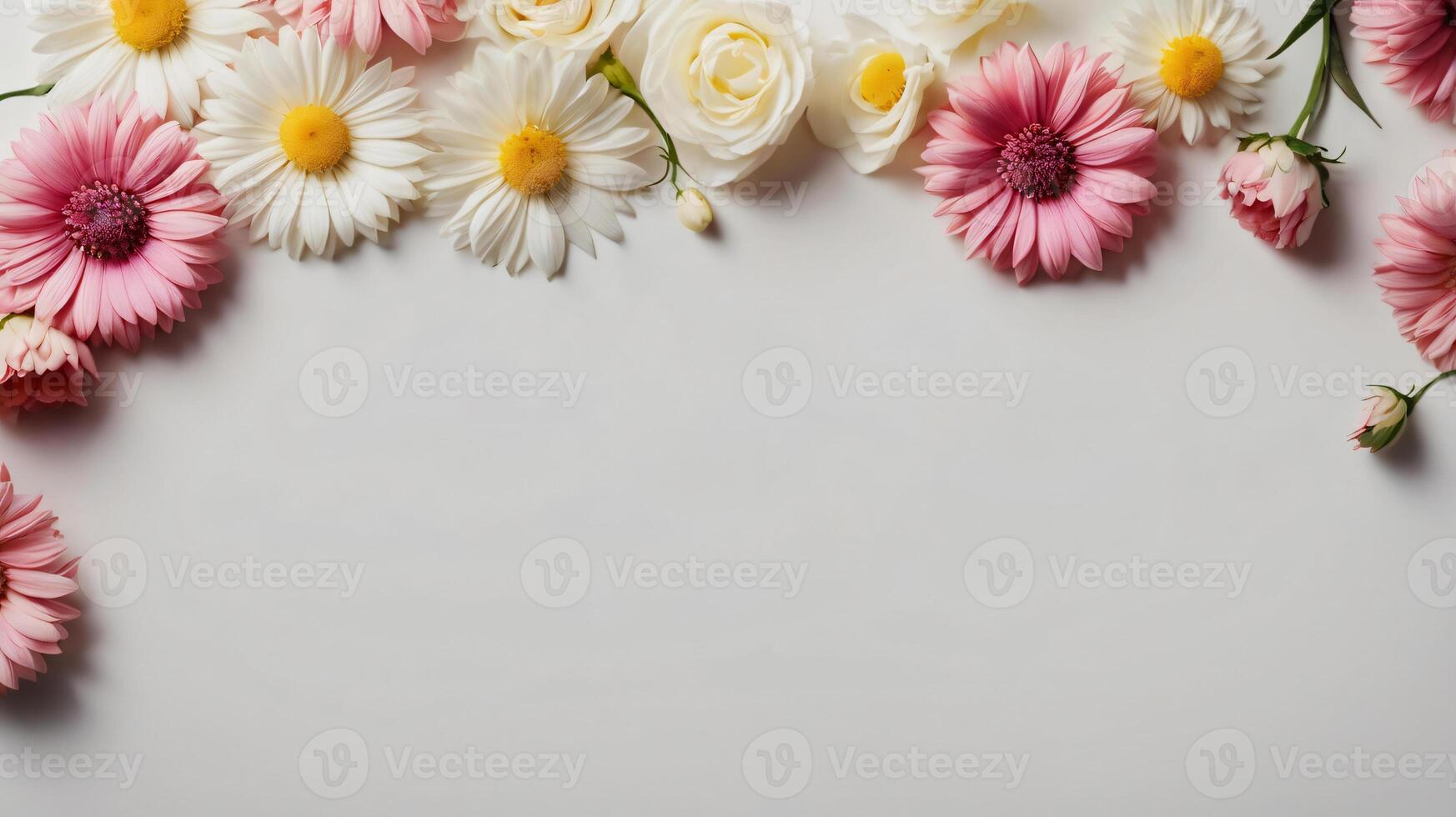 Festive flower composition on the white wooden background. Overhead view. copy space photo