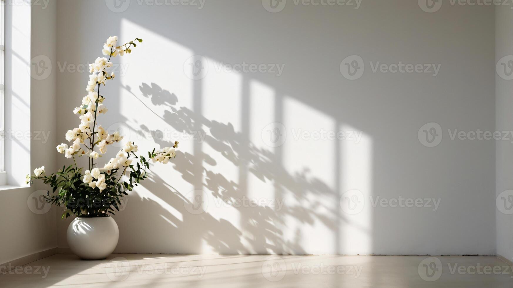 Elegant flowers in vase on a floor, minimalist design. soft shadows on a walls, copy space photo