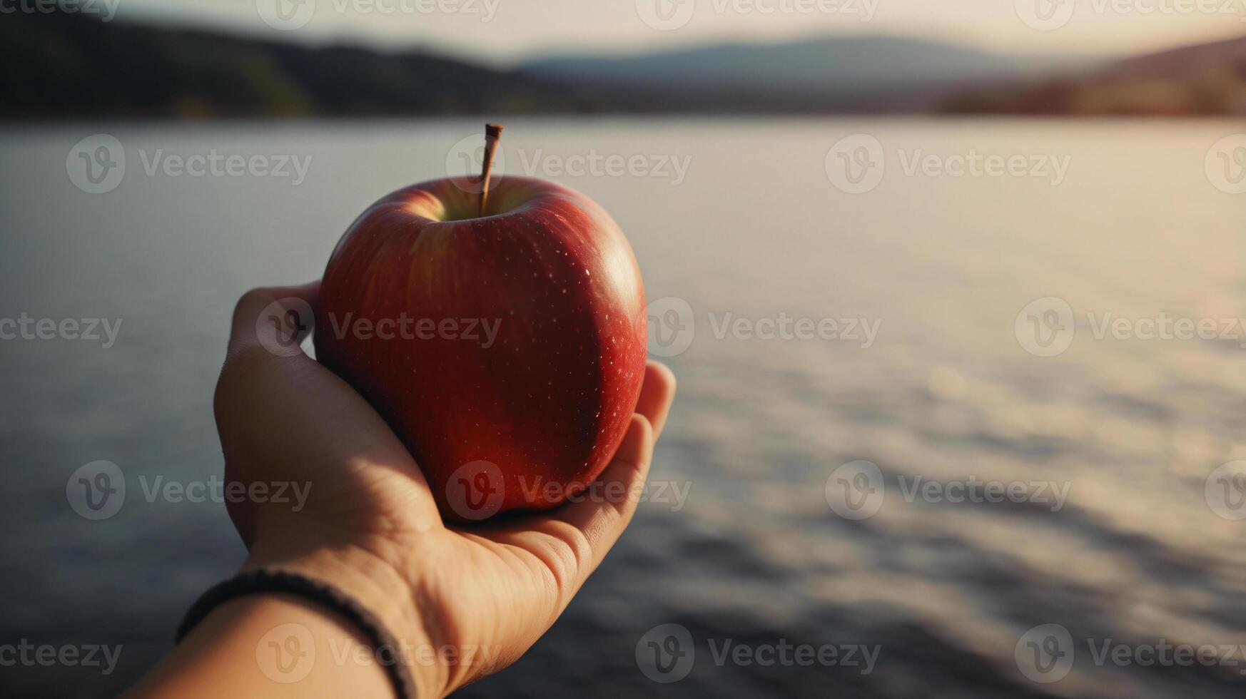 Male hand holding and offering fresh red apple on nature background, copy space photo