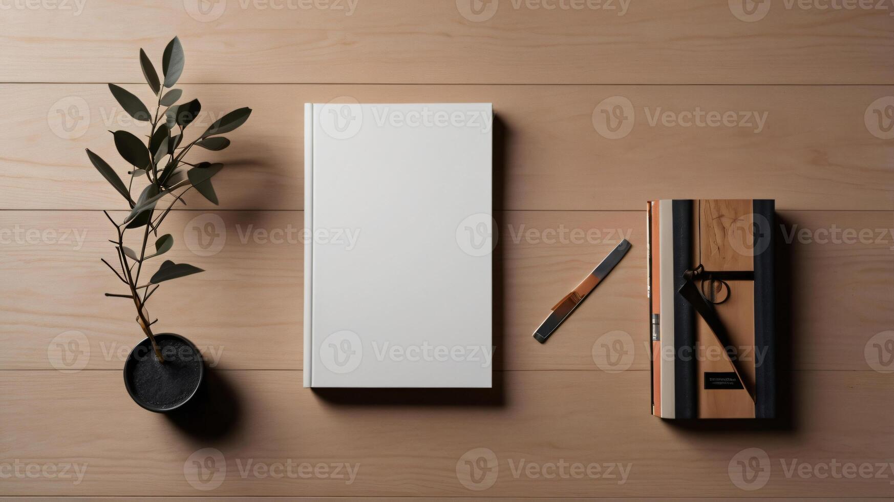 Book mockup design. Blank white book on dining table in aesthetic style with tableware, copy space photo