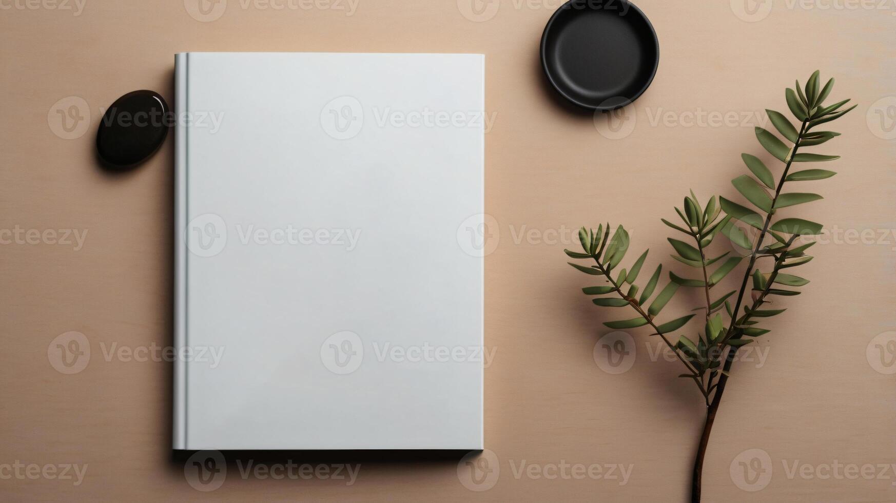 Book mockup design. Blank white book on dining table in aesthetic style with tableware, copy space photo