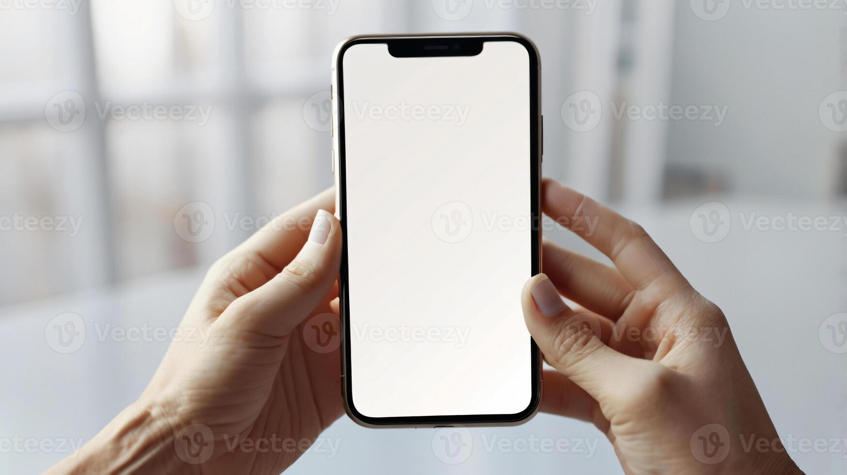 Person's hand holding black smartphone isolated on background, technology template photo