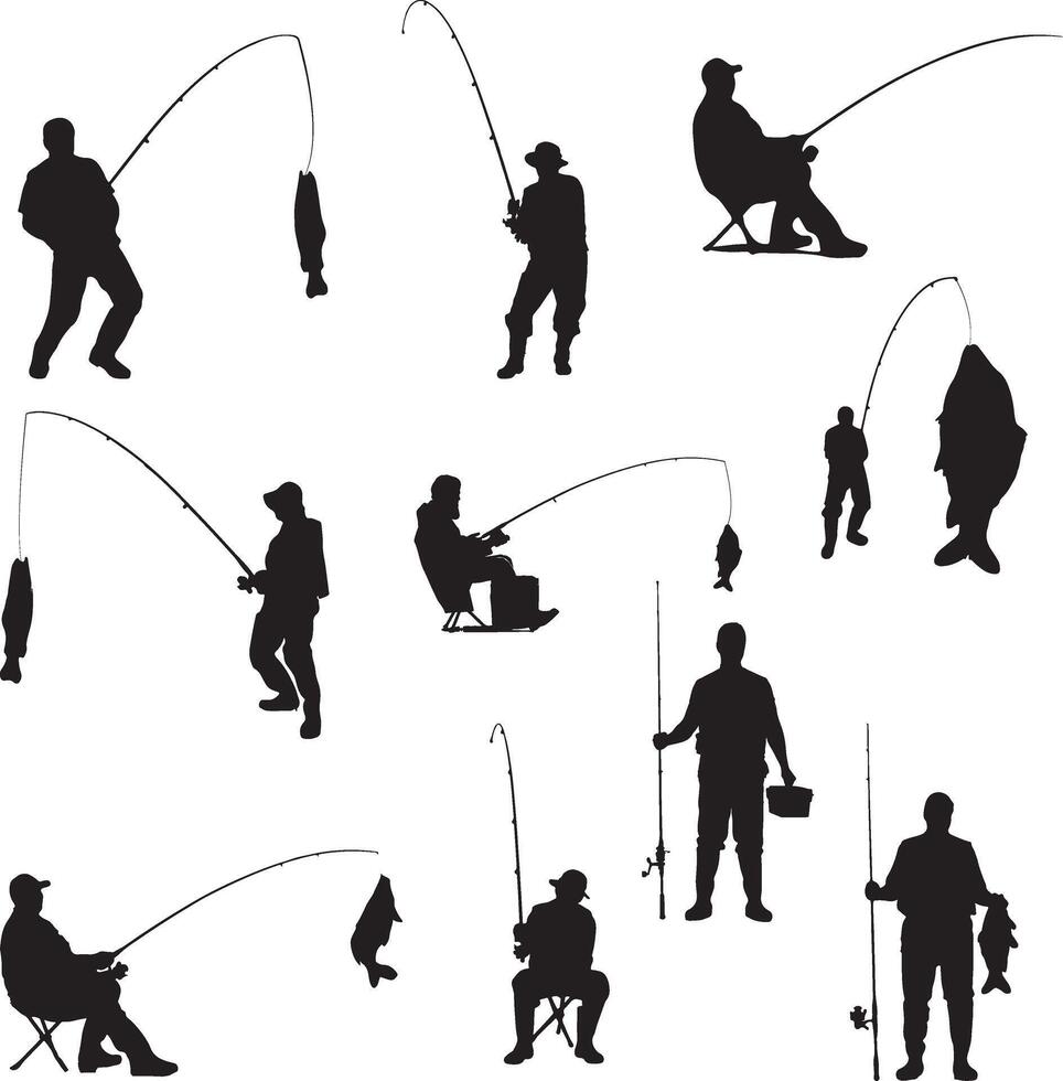 silhouettes of people fishing on a white background vector