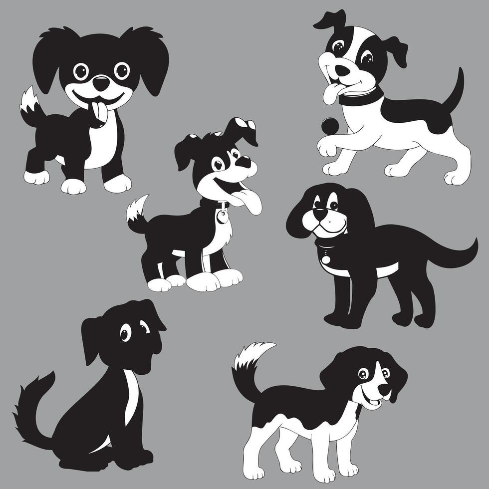 black and white cartoon dogs set of six dogs vector