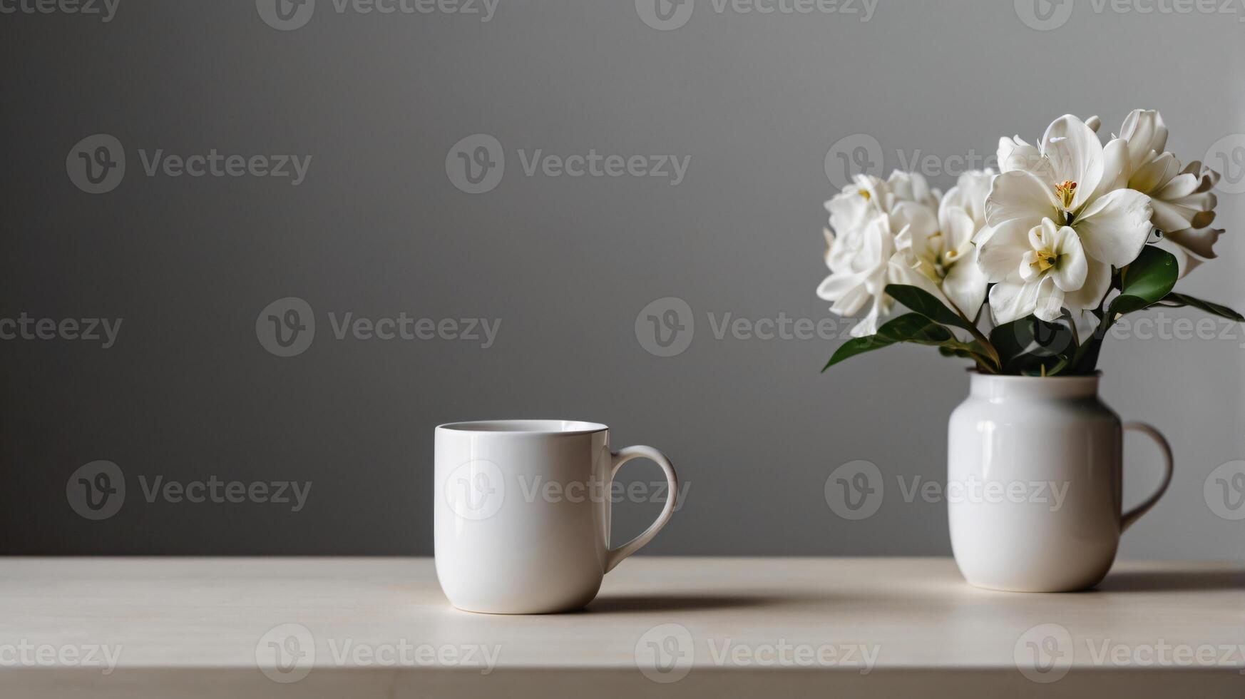 White ceramic cup with on a table background with aesthetic details, mock up, template. photo