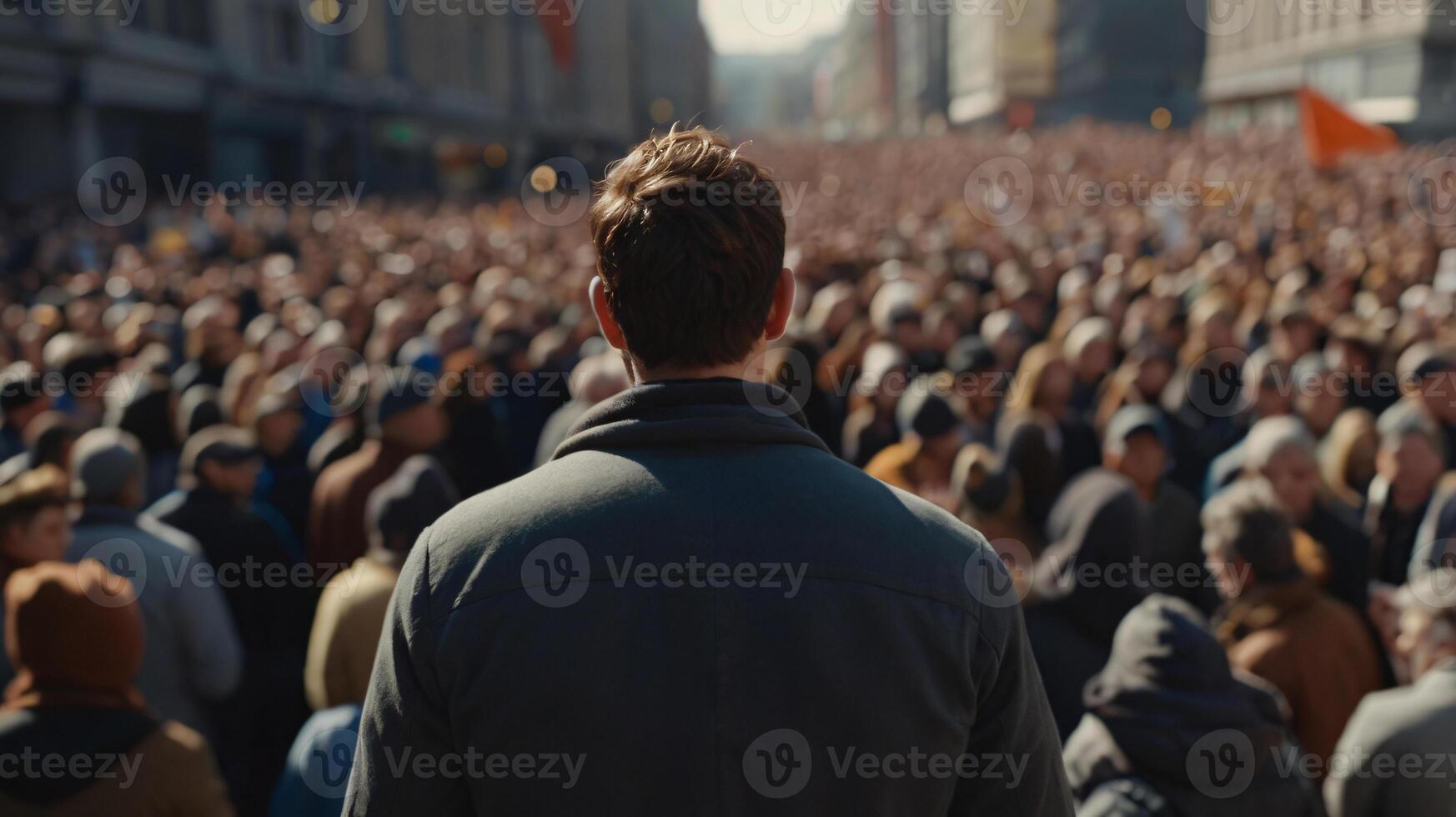 man stands behind the crowd of people, back view, people at the city photo
