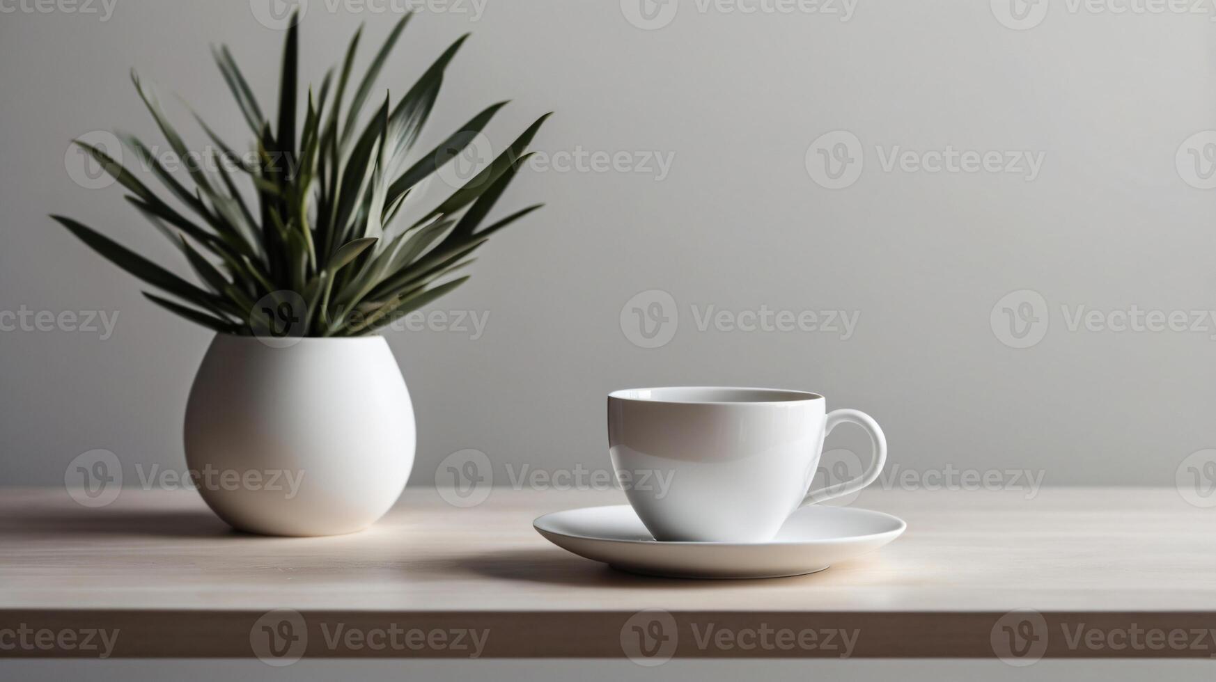 White ceramic cup with on a table background with aesthetic details, mock up, template. photo