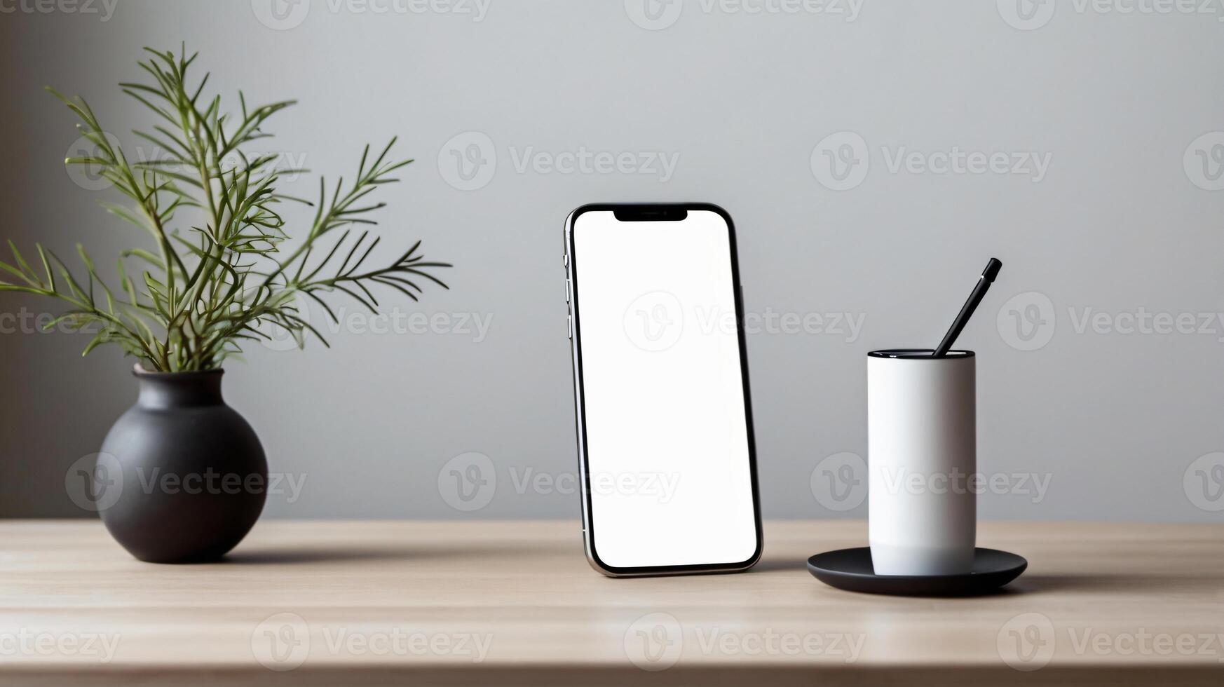Black mobile smartphone mockup with blank screen isolated on a table, application or design project. photo