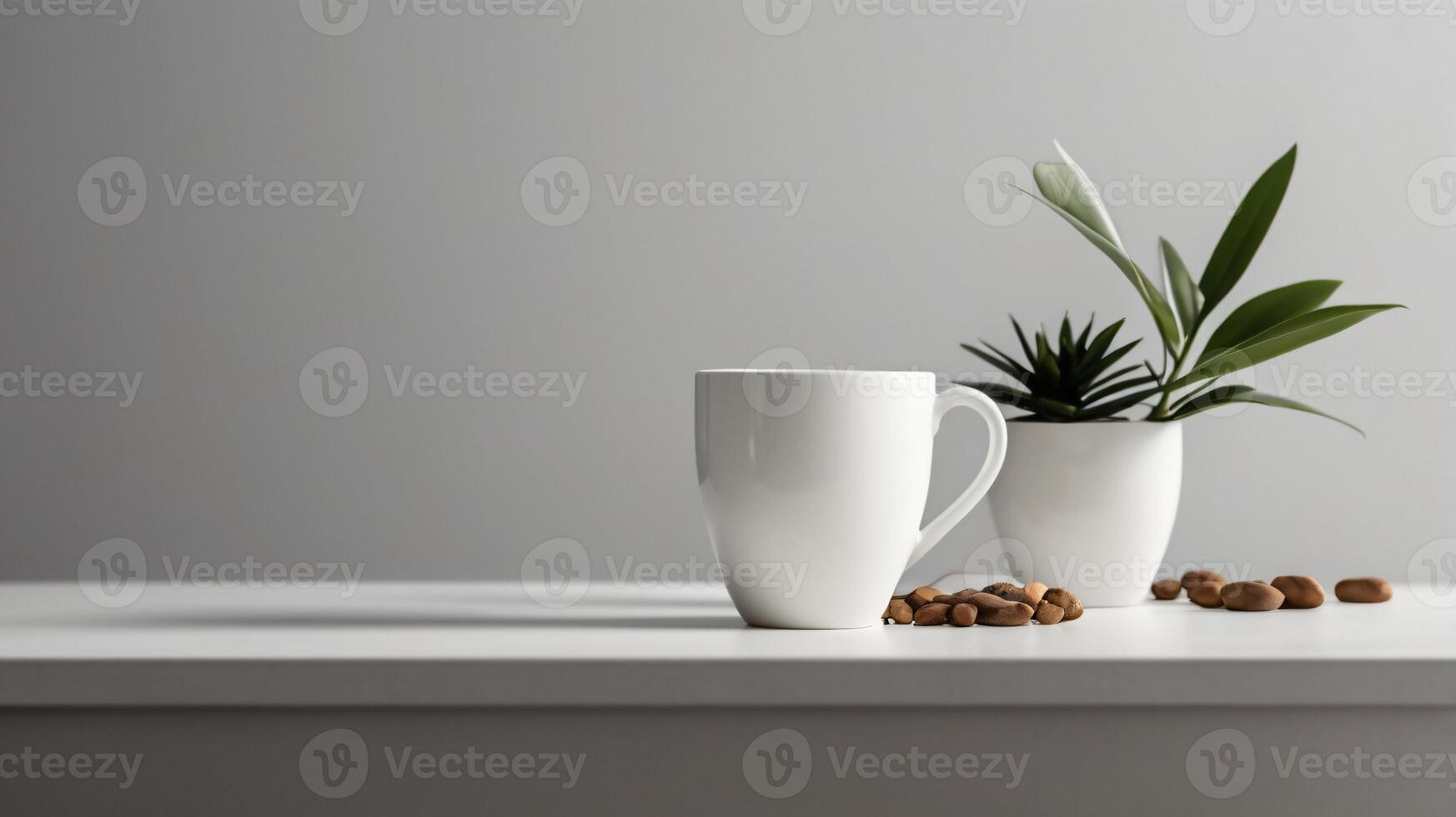 White ceramic cup with on a table background with aesthetic details, mock up, template. photo