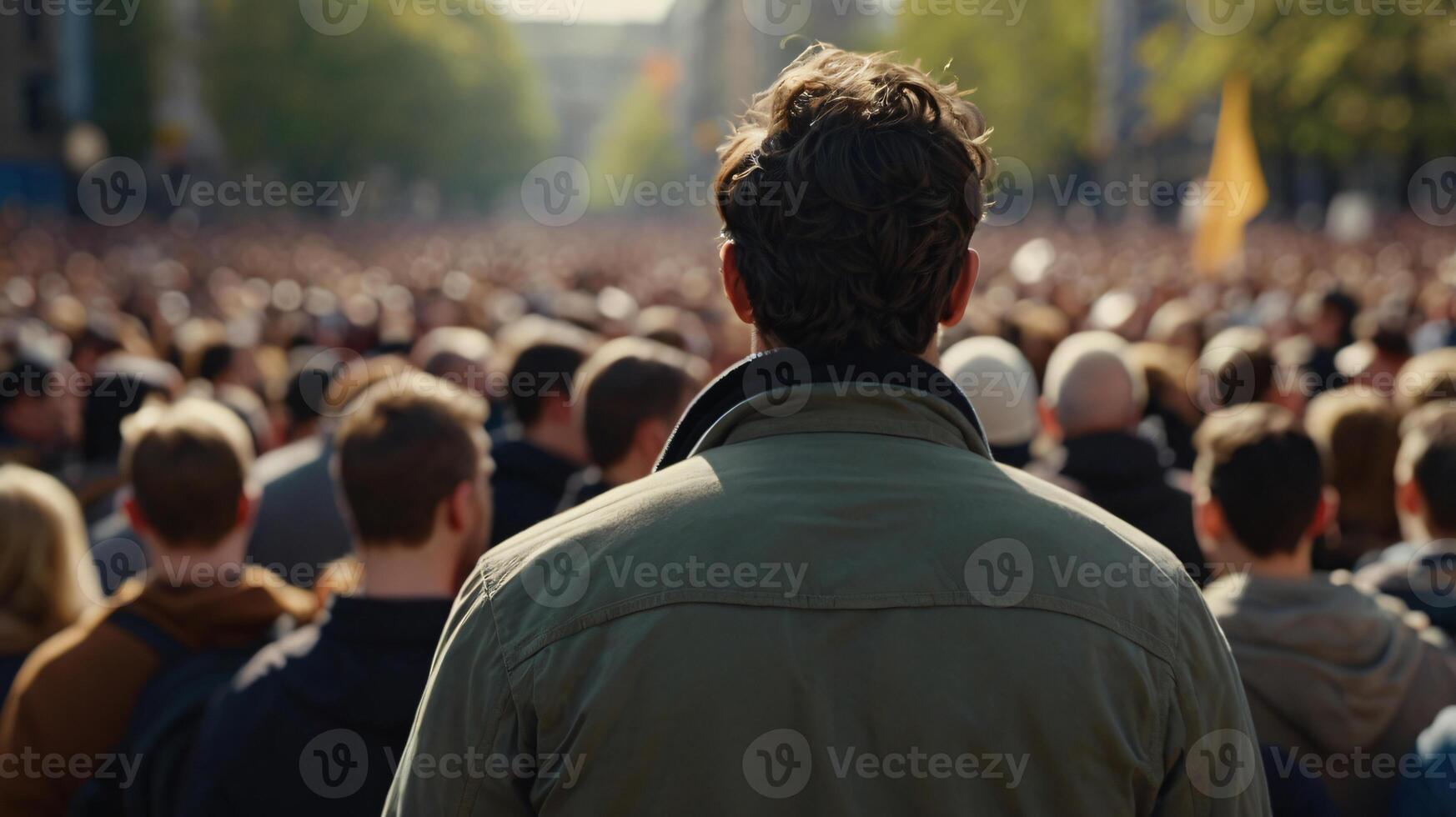 man stands behind the crowd of people, back view, people at the city photo