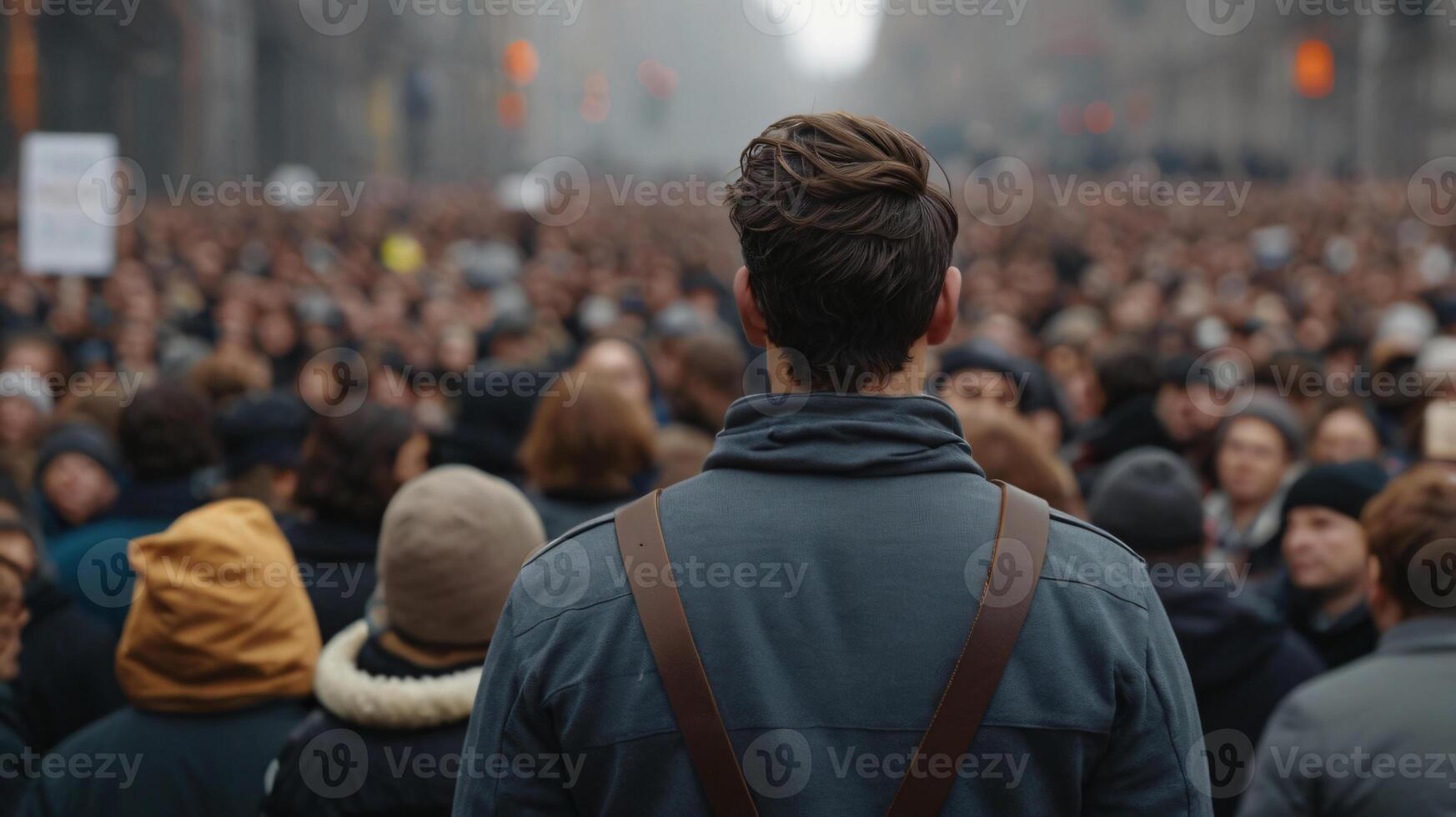 man stands behind the crowd of people, back view, people at the city photo