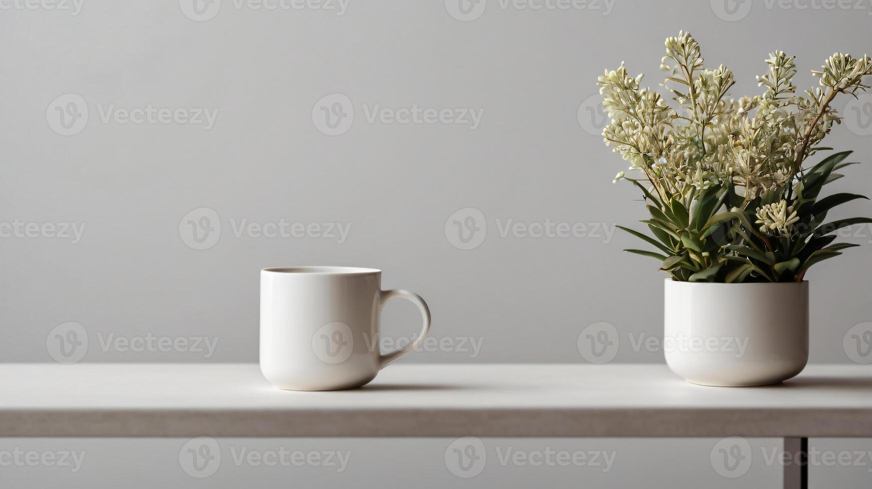 White ceramic cup with on a table background with aesthetic details, mock up, template. photo