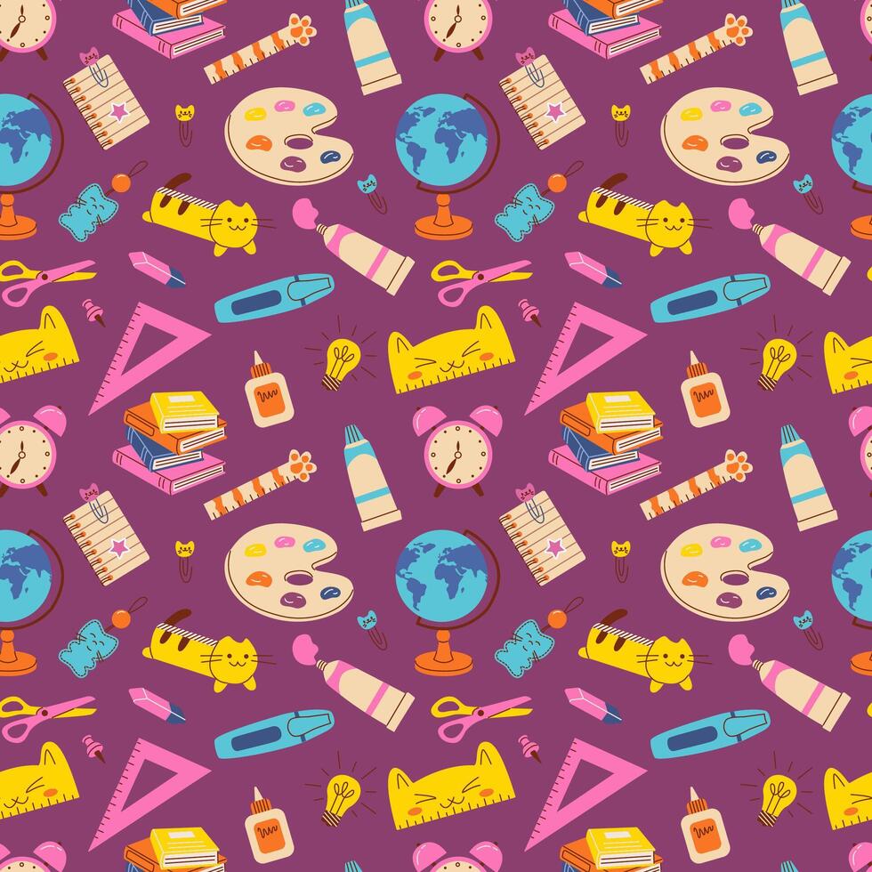 Vibrant seamless pattern with school supplies like globes, books, rulers, palettes, and scissors on a purple background. Ideal for stationery, textiles, and digital backgrounds. vector