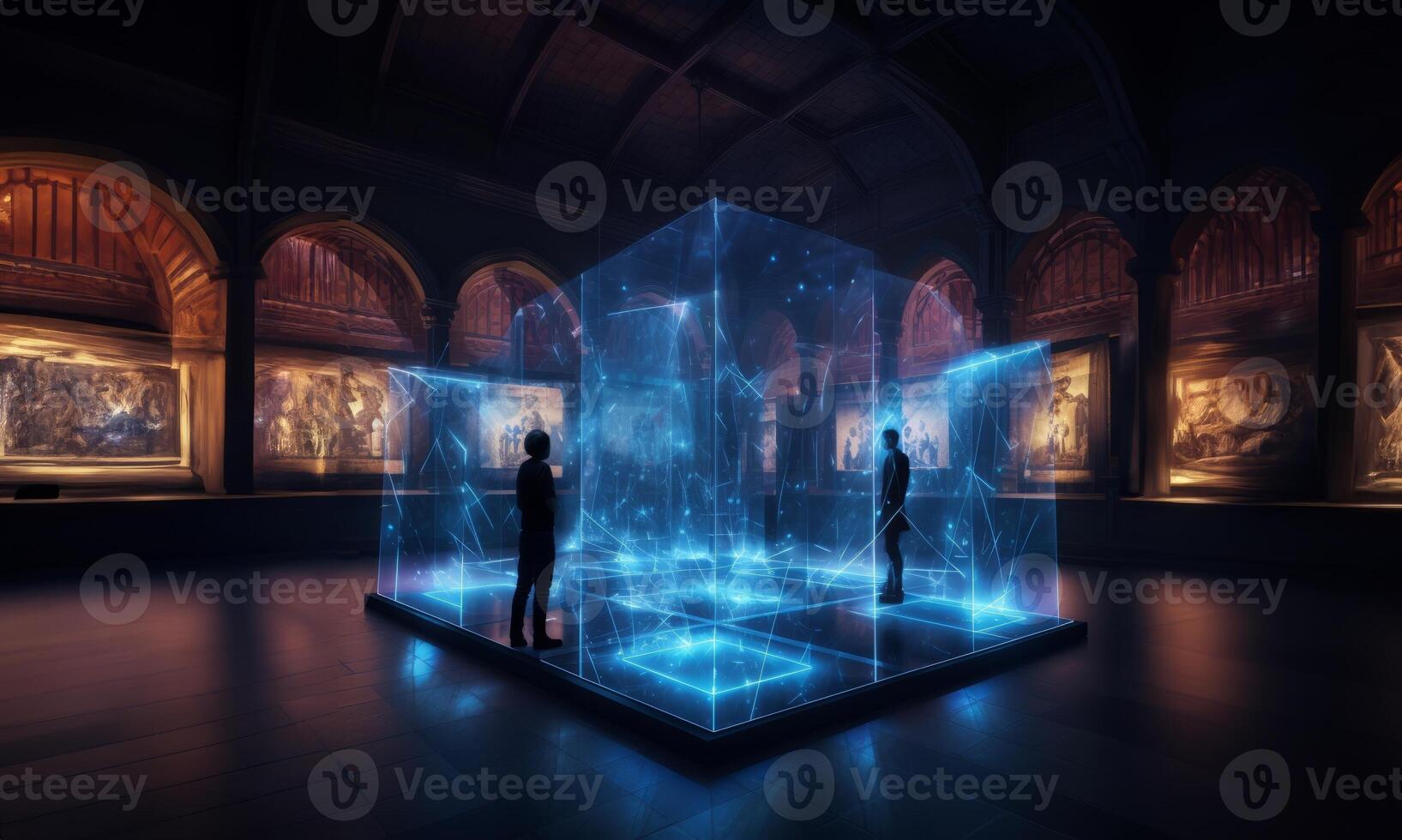In a futuristic museum, holograms vividly depict the history of the country, showcasing its evolution and the profound changes it has undergone over time.Generated image photo