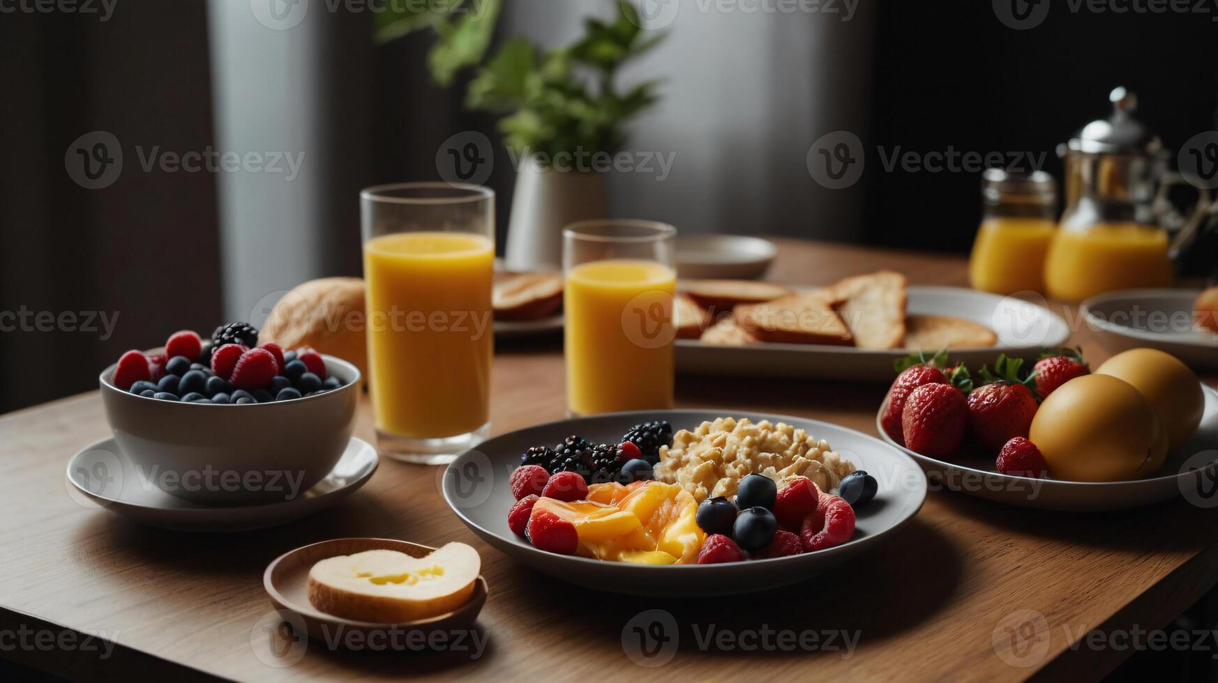 Healthy breakfast set. The concept of delicious and healthy food. Front view, copy space. photo