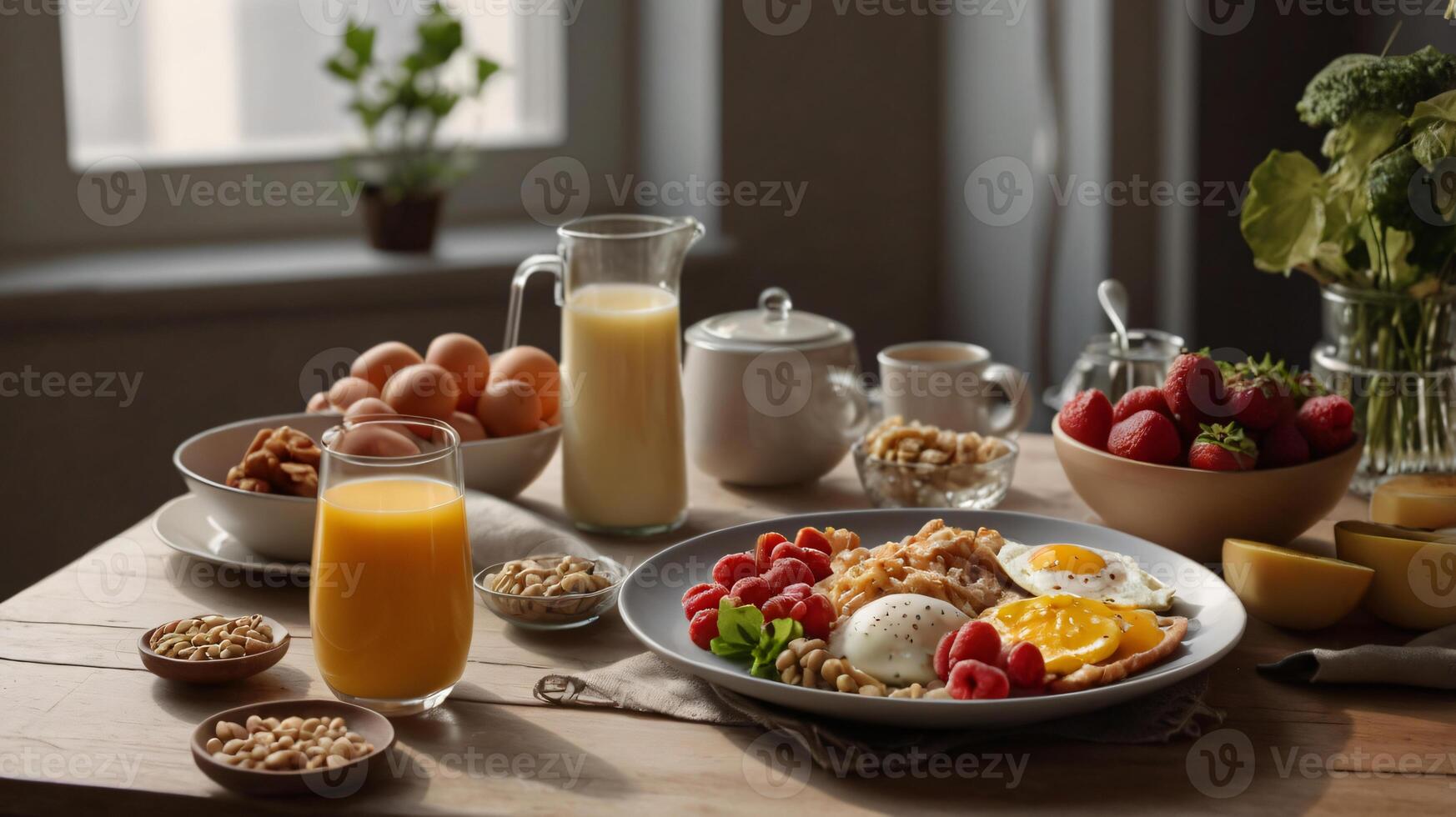 Healthy breakfast set. The concept of delicious and healthy food. Front view, copy space. photo