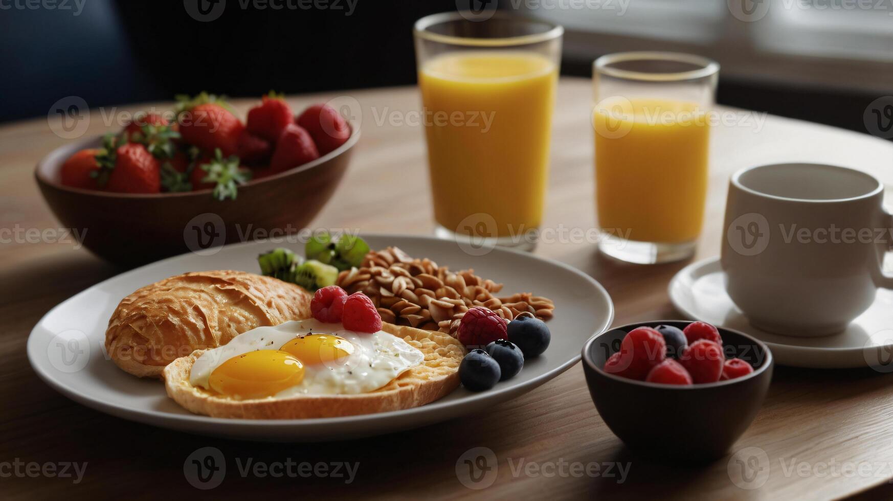 Healthy breakfast set. The concept of delicious and healthy food. Front view, copy space. photo