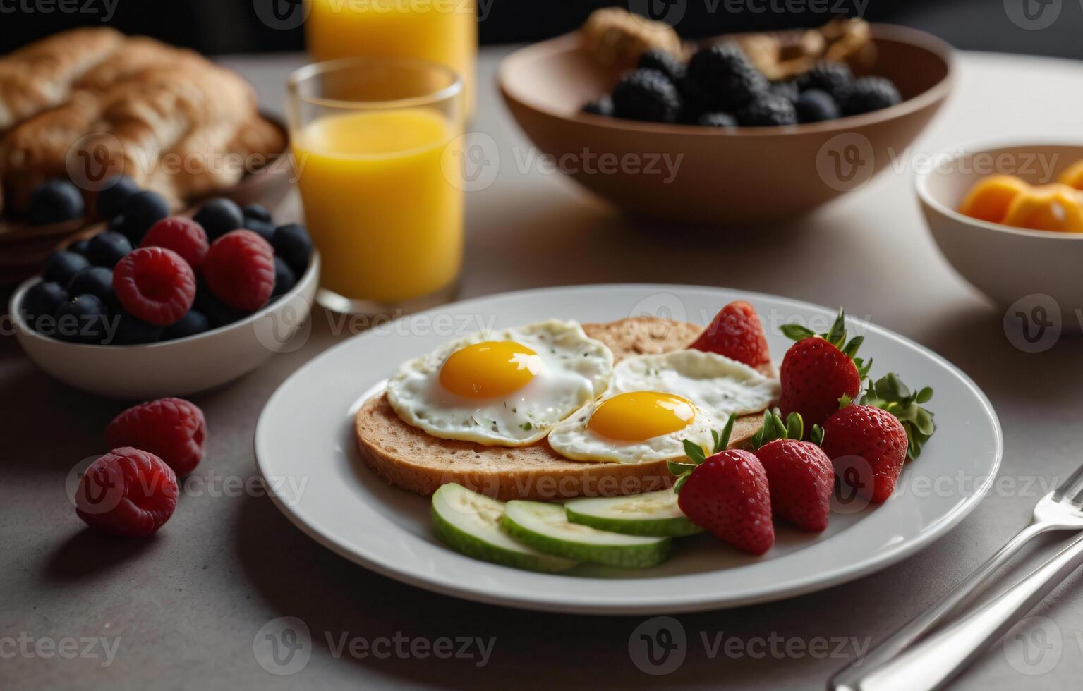 Healthy breakfast set. The concept of delicious and healthy food. Front view, copy space. photo