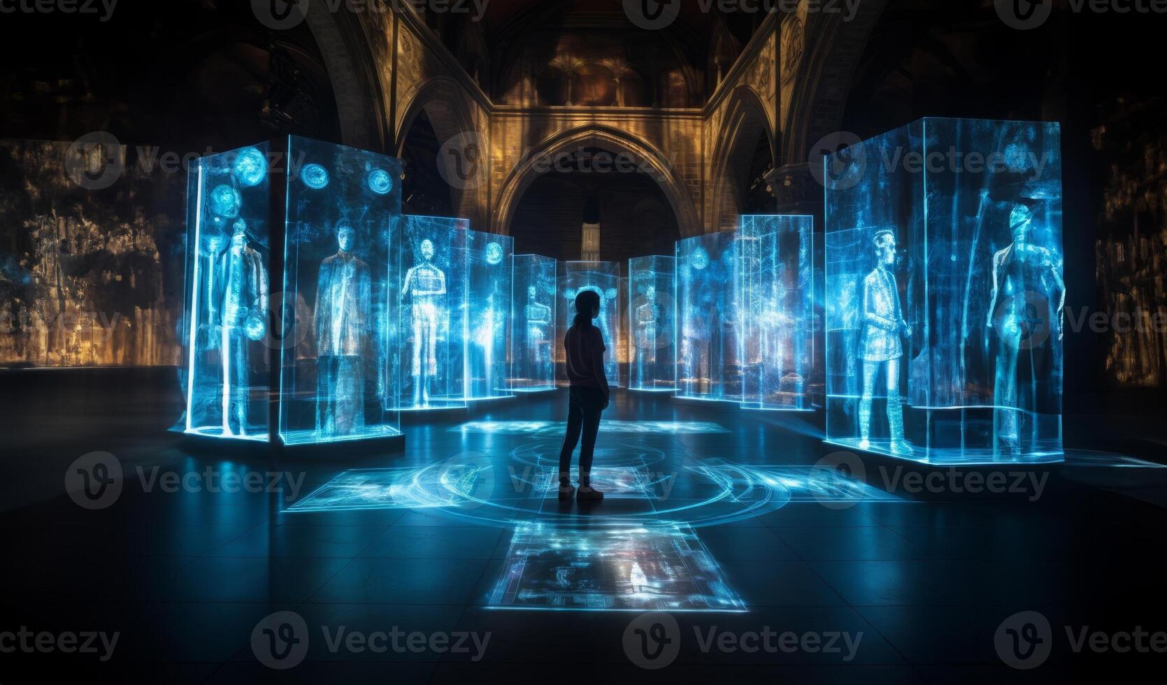 In a futuristic museum, holograms vividly depict the history of the country, showcasing its evolution and the profound changes it has undergone over time.Generated image photo