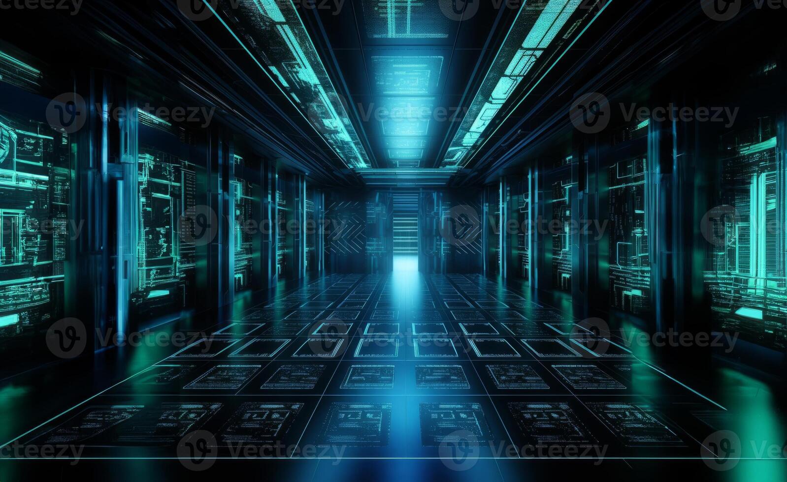 The photograph captures the interior of a modern, spacious server room, showcasing rows of equipment, racks, and cables, illustrating the technological infrastructure and complexity photo